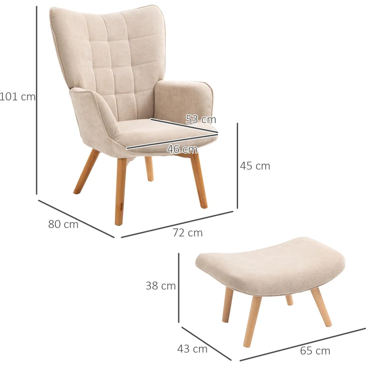 Sessel 72x80x101 cm mit Hocker, Cord-Bezug, Buchenholz‑Beine, beige – Bild 3