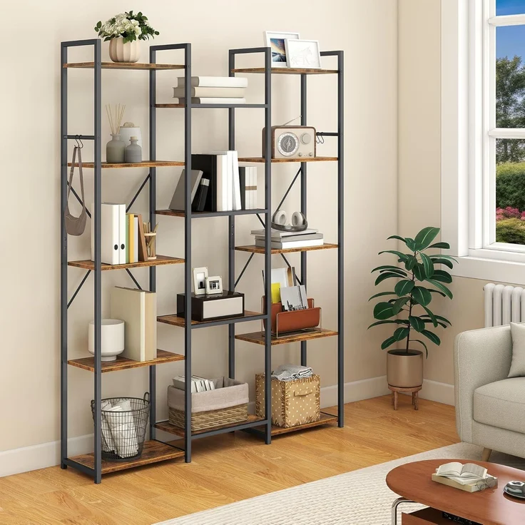 YITAHOME Industrielles Bücherregal 135 cm breit, Stehend Offen Aus Holz Und Metallrahmen Mit 14 Regalen, Präsentationsregal Für Wohnzimmer, Heimbüro, Vintagebraun – Bild 1