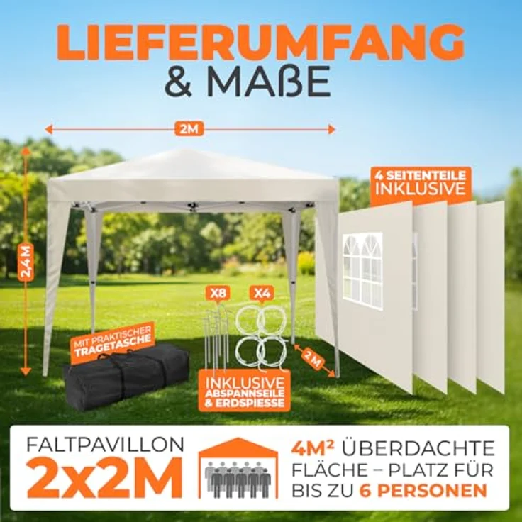 Kronenburg Faltpavillon wasserdicht Dachmaß 2x2 m UV Schutz 50+ Pavillon in Champagner mit 4 Seitenteilen – Bild 3