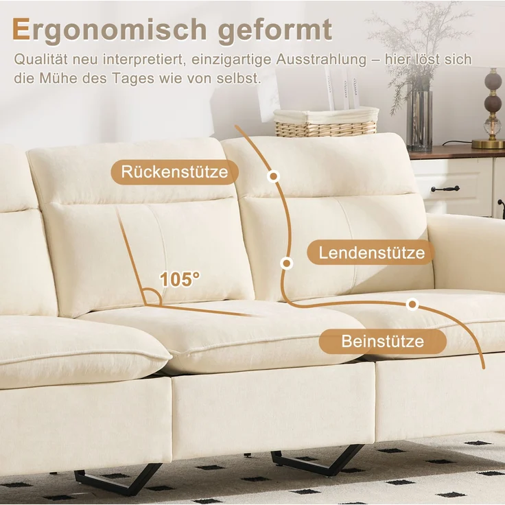 DESVIAE Sofa 3-Sitzer mit Stauraumhocker 201x77x86 cm Chenille Beige – Bild 6