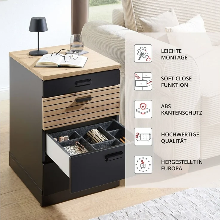 Stella Trading Glenn Rollcontainer Schreibtisch in Schwarz, Artisan Eiche Optik - Mobiler Büroschrank mit Schubladen - 45 x 66 x 55 cm (B/H/T) – Bild 3