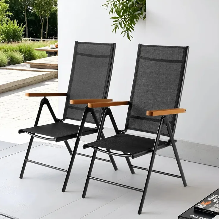 Clevich Gartenstuhl Hochlehner 2er Set, Aluminium Balkonstuhl, Alu Klappstuhl, Klappbar Campingstuhl, Teakbraun WPC Armlehnen, 7-Fach Verstellbar Rückenlehne, Atmungsaktiv & Wetterfest