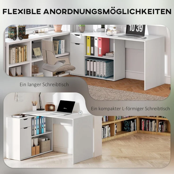 HOMCOM Eckschreibtisch mit Offenen Ablagen, Schublade, 1 Tür (Computertisch, 1-St, Winkelschreibtisch), für Dokumente im A4-Format, Arbeitszimmer, 120 x 96 x 75 cm, Weiß – Bild 5