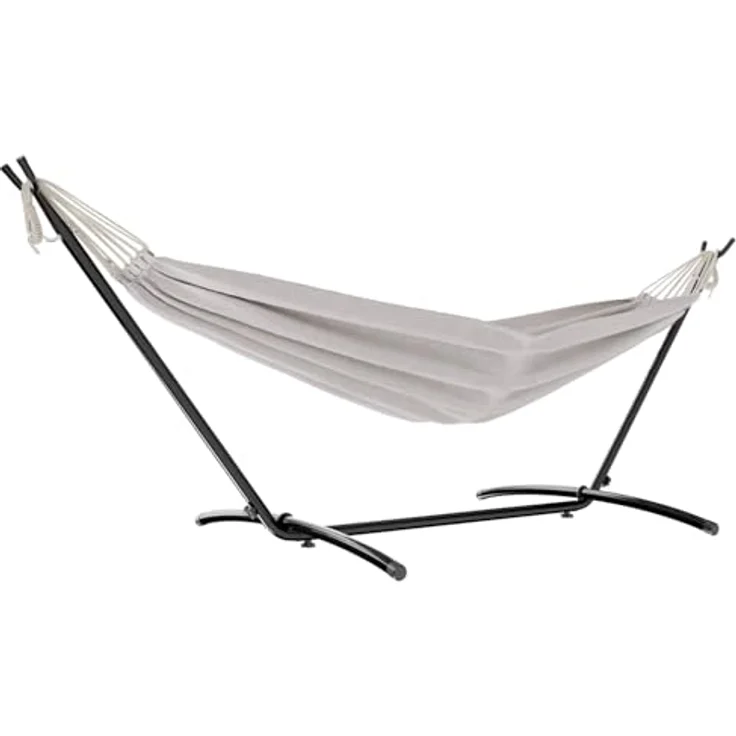 GARMIO Hängematte mit Gestell, 200kg Belastbarkeit, klappbar, inklusive Tragetasche und Zubehör, in Beige, 270x110x105cm – Bild 6