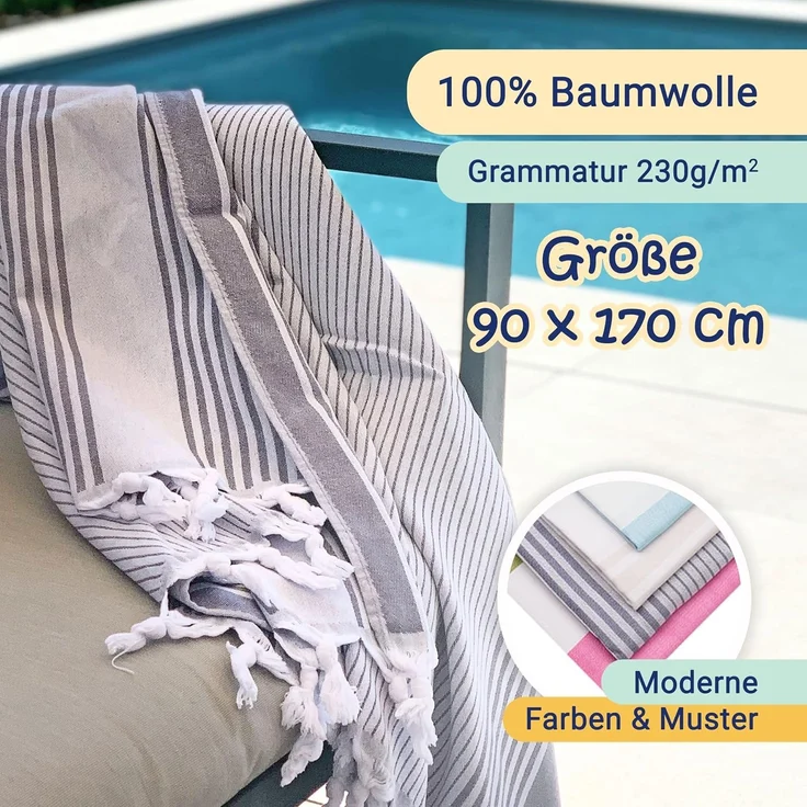 ZOLLNER Hamamtuch mit Fransen, Baumwolle, 90x170 cm, blau-weiß-gestreift – Bild 4