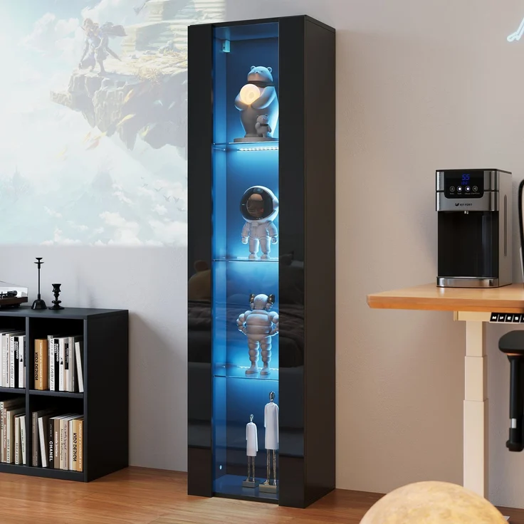 ZUBALIYA Vitrine, mit LED-Beleuchtung, mit App-Steuerung, mit Glasböden, wandmontierbar, H 170 × T 40 × B 29 cm, Schwarz, Spanplatte – Bild 6