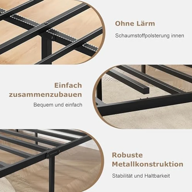 VECELO 2er-Set Bettgestelle 90x200 cm, Einzelbetten mit dickem Holzkopfteil und Metall Lattenrost, stabil und geräuschlos mit 31 cm Stauraum, Industrial Design für Schlafzimmer, Schwarz – Bild 5