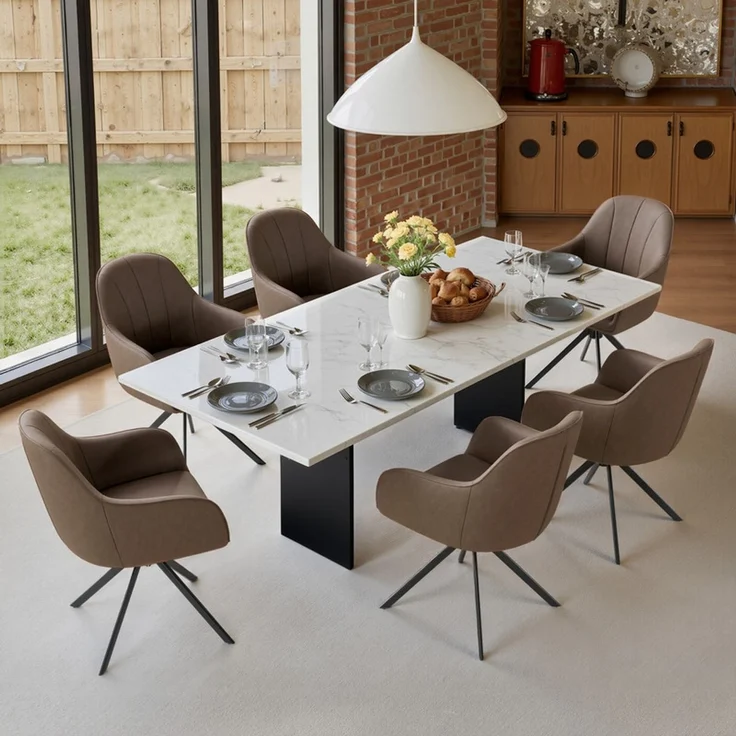 Hawthyhome 4-Fußstuhl Esszimmerstuhl drehbar mit Armlehne, 360° Drehfunktion, ergonomische Sitzschale, Kunstlederbezug, stabiles schwarzes Metallgestell, moderner Küchenstuhl für Esszimmer, Wohnzimmer, Büro & Homeoffice, Braun – Bild 6