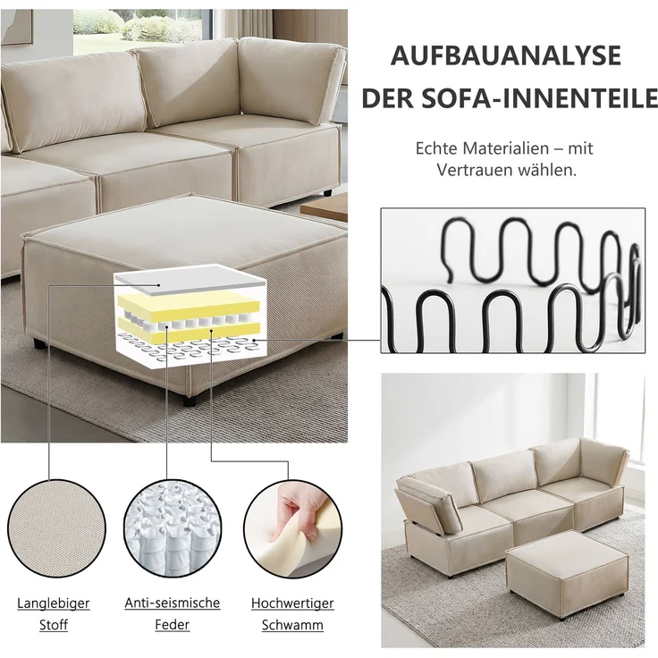ZUBALIYA Schlafsofa, modular aufgebaut, mit Schaumstoffpolsterung, für Wohnzimmer und Apartments, mit stabilem Untergestell, Beige – Bild 4