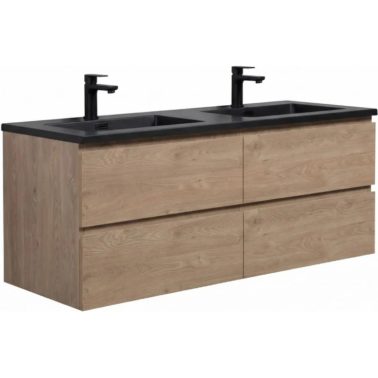 Badplaats Badmöbel Set mit Waschbecken und Unterschrank Angela 140 x 48 cm Kastanien Eiche - Waschbeckenunterschrank mit Soft-Close und Schwarze Doppelwaschbecken – Bild 1