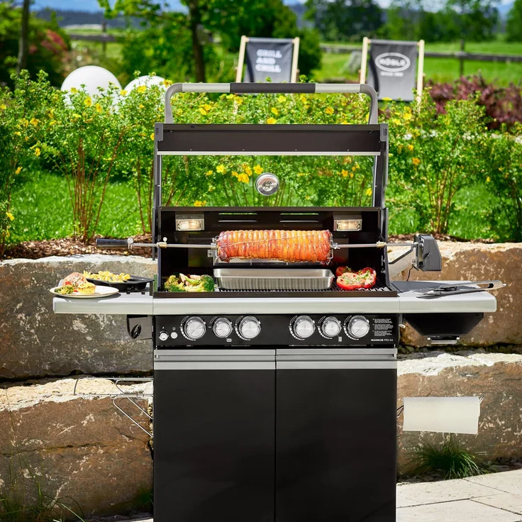 RÖSLE Premium-Drehspieß, Hochwertiger Grillspieß für RÖSLE BBQ-Stationen für VIDERO G4/G6 und MAGNUM G4, Traglast 10 kg, Edelstahl 18/10, Silberfarben/Schwarz – Bild 2