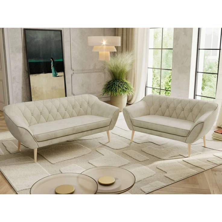 Skandinavisches Sofa Set PIRS 3-2, Komplettset, Wellenfederung, Buche Füße, Sitzgruppe, Polstermöbel Set - Beige Velvet – Bild 3