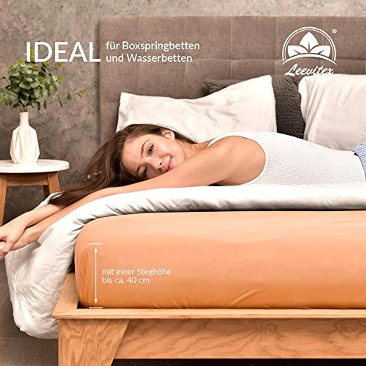 leevitex® Spannbettlaken Spannbettlaken Boxspringbett & Wasserbett Spannbettlaken 150 g/m², Gummizug: rundum, Mako-Baumwolle, ÖkoTex, 180x200 – 200x220 cm + 40 cm Steg – Bild 3