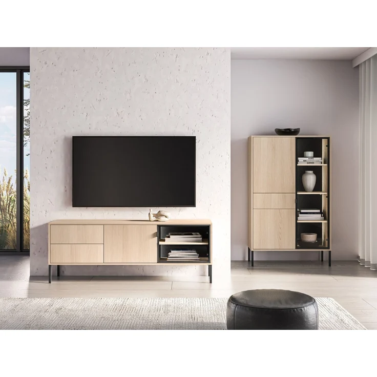 Selsey 'Barnee' - TV-Lowboard mit beleuchteter Glasvitrine, Eichenholzoptik, 160 cm – Bild 7