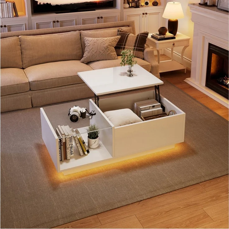 Merax Couchtisch höhenverstellbar Sofatisch mit Hebefunktion und Stauraum (1-St, 100x50x (33-46.5) cm), Beistelltisch Wohnzimmertisch mit Hochglanz-Oberfläche und LED – Bild 3
