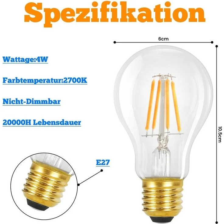 Nettlife LED-Leuchtmittel Glühbirne 6St 4W 2700K E27 Vintage Edison A60 Leuchtmittel, E27, 6 St, Warmweiss – Bild 2