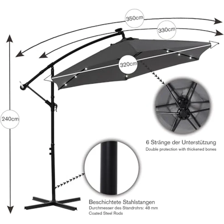 Terrassenschirm Grau Kurbelschirm 350 cm Ampelschirm LED Sonnenschutz Garten Gartenschirm Marktschirm Sonnenschirm Strandschirm 3,5 Meter Aufklappbar – Bild 6