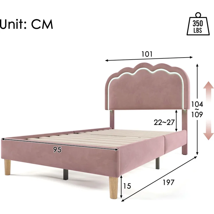 Polsterbett 90×190 cm aus Samt-Stoff mit LED-Beleuchtung, rosa – Bild 4
