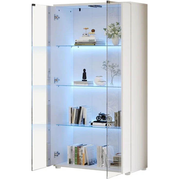 i@home Glasvitrine mit LED Beleuchtung und Glastüren, Moderner Vitrinenschrank 4-Lagen Glasvitrine Vitrinenschrank,Weiß, 80×36×150cm, modernes Design – Bild 4
