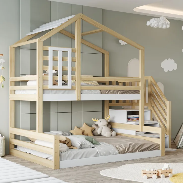 Kinder-Etagenbett "Haus-Design" 90x200 cm, Natur Kiefer, mit Staufachtreppe