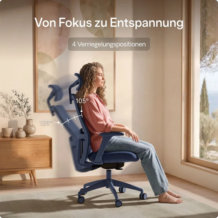 Desktronic Bürostuhl Verstellbarer Ergonomischer SitOne, Blau 4-Dimensional Armlehne, Integrierte 4-Wege-Lendenwirbelstütze – Bild 7