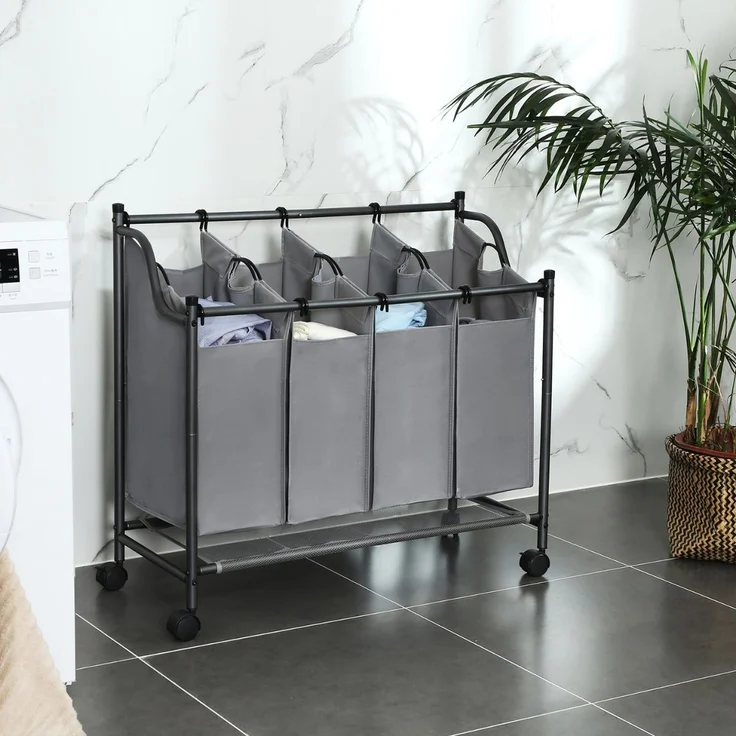Songmics Wäschesammler auf Rollen mit 4 Fächern, Polyester Schwarz, 67/81 x 87,5 x 38,5 cm – Bild 3