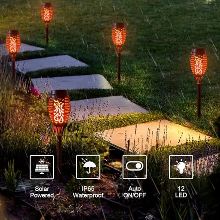 LQWELL Solarleuchten Solar Fackellicht für Außen Garten 18 Stück 12 LED Solarlampe mit Realistischer Flammeneffekt IP65 Wasserdicht Gartenfackeln Solar Weg Hinterhöfe Rasen Beleuchtung (18 Stück) – Bild 4