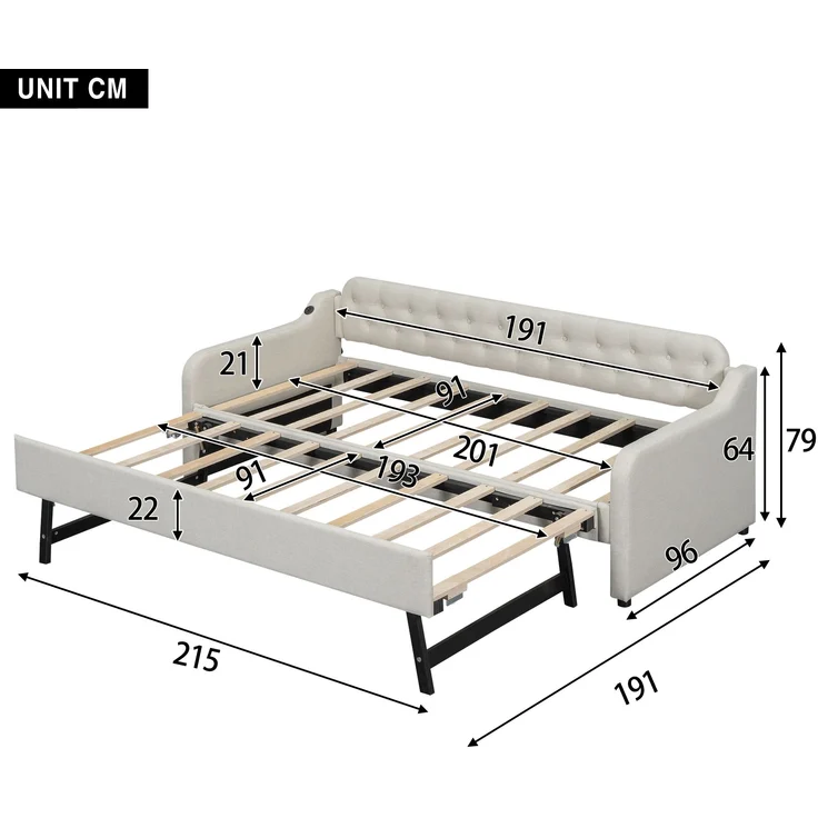 Bett 90x200 cm aus Leinen mit Ausziehbett und USB-Anschluss – platzsparendes Schlafsofa – Bild 7