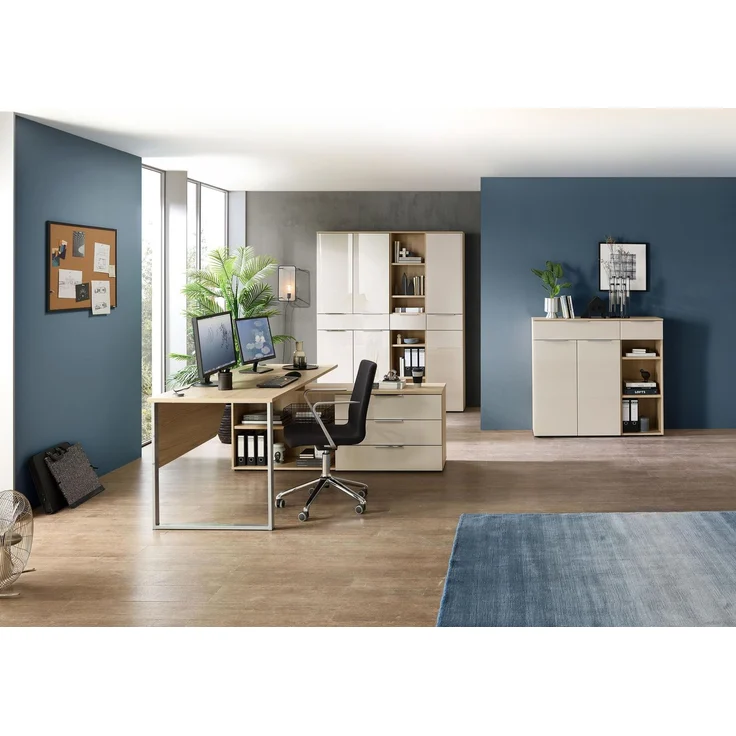Komplettbüro Büro-Set SANTORIN VI Riva Eiche & Glas Cashmere 6-teilig – Bild 2