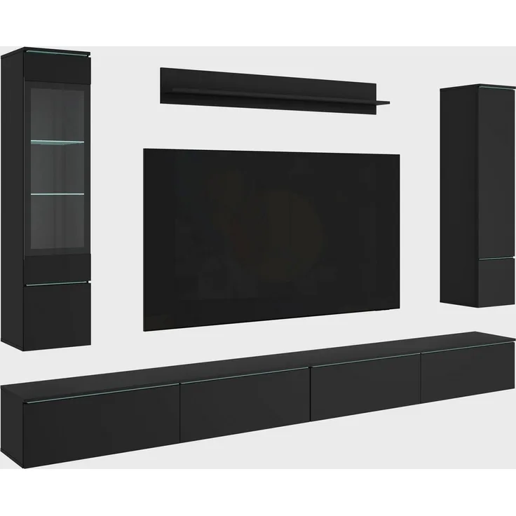 Home affaire Wohnwand Vera, Breite 300 cm, (Komplett-Set, 5-St), Mit LED, Glasvitrine, grifflose Fronten