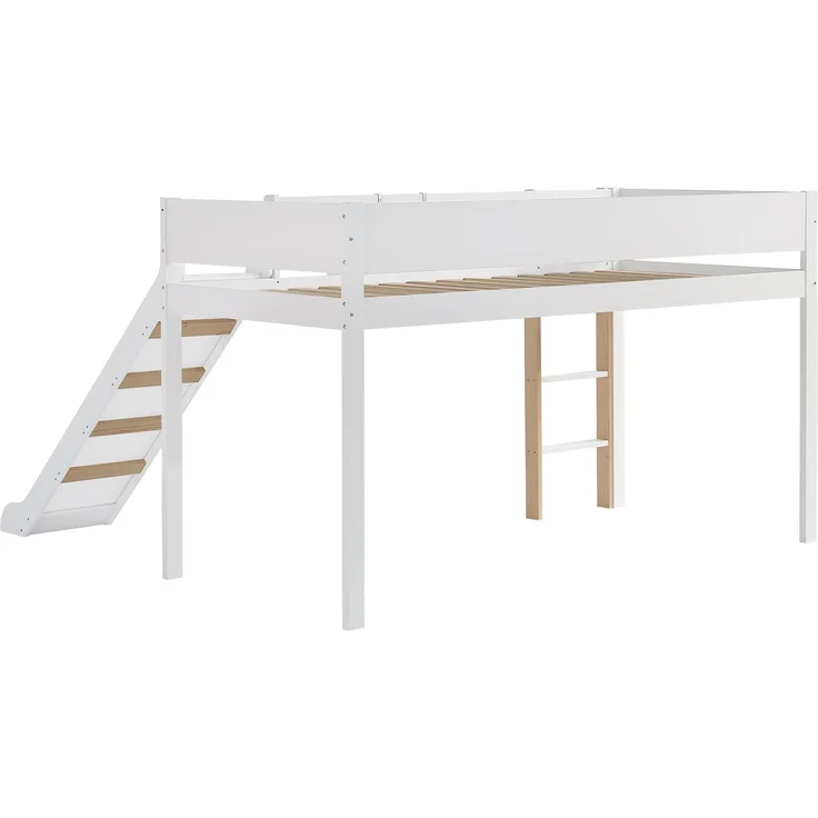 Hochbett Kinderbett 90x200 mit Rutsche, Leiter und Regal, aus Kiefer MDF, Etagenbett Jugendbett, weiß-natur – Bild 8