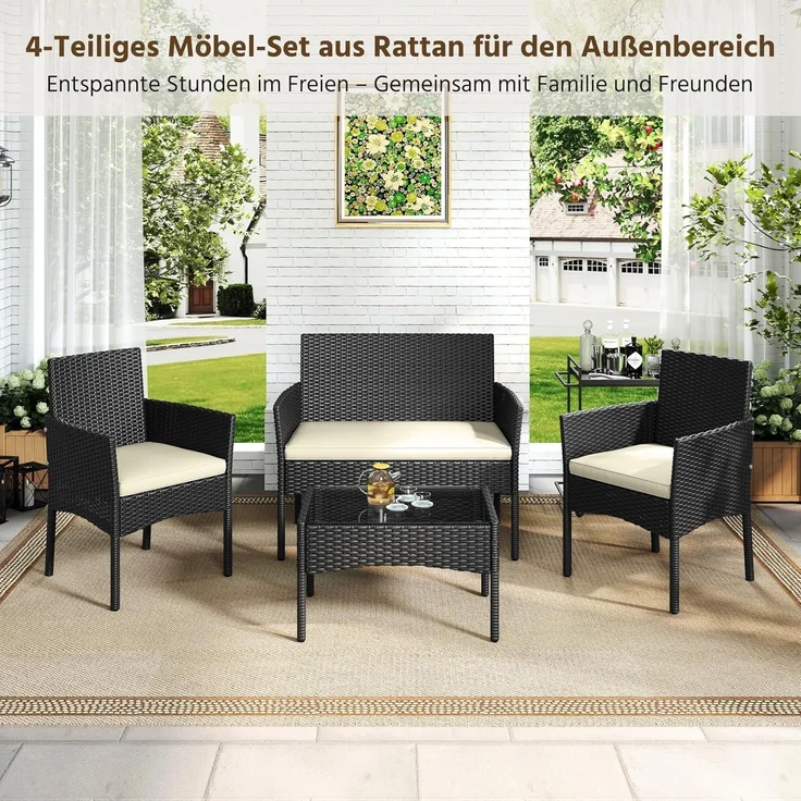 Yaheetech Balkonset Gartenmöbel-Set 4-er Set Rattanmöbel für 4 Personen, Gartengarnitur aus Zweisitzer-Sofa & 2 Einzelsofas & Kaffeetisch – Bild 2