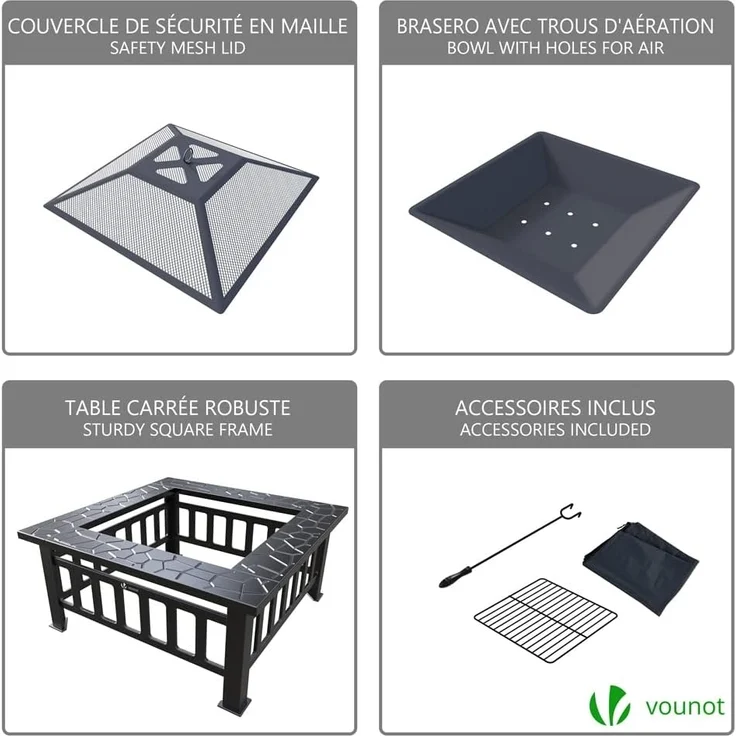VOUNOT® Feuerschale mit Funkenschutz, Metall Feuerstelle Feuerkorb für Garden Terrasse Heizung, mit Wasserfester Schutzhülle, 81 x 81 x 45 cm – Bild 4