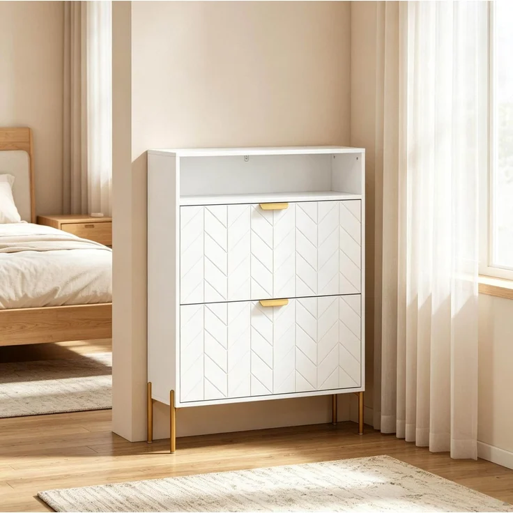 DESVIAE Garderobenschrank Weiß aus MDF/Partikelplatte – 80x110x23,7 cm – 2 Kippschränke, offenes Fach – Bild 2