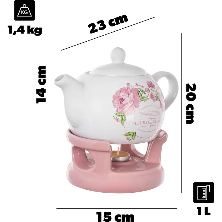 KADAX Teekanne 1L mit Stövchen Set, Kaffeekanne aus Porzellan mit Deckel, Griff und Teestövchen, Kanne mit Teelicht Wärmer für Tee, Teeservice (Rosa/Weiß, Ohne Tassen) – Bild 3