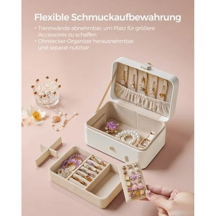 SONGMICS Schmuckkästchen Reise, Schmuckkasten klein, 2 Ebenen Schmuckaufbewahrung, tragbar, Schmuck-Reiseetui, für größere Accessoires, 11 x 16 x 8 cm, Geschenkidee, Weihnachten, wolkenweiß JBC166W01 – Bild 4