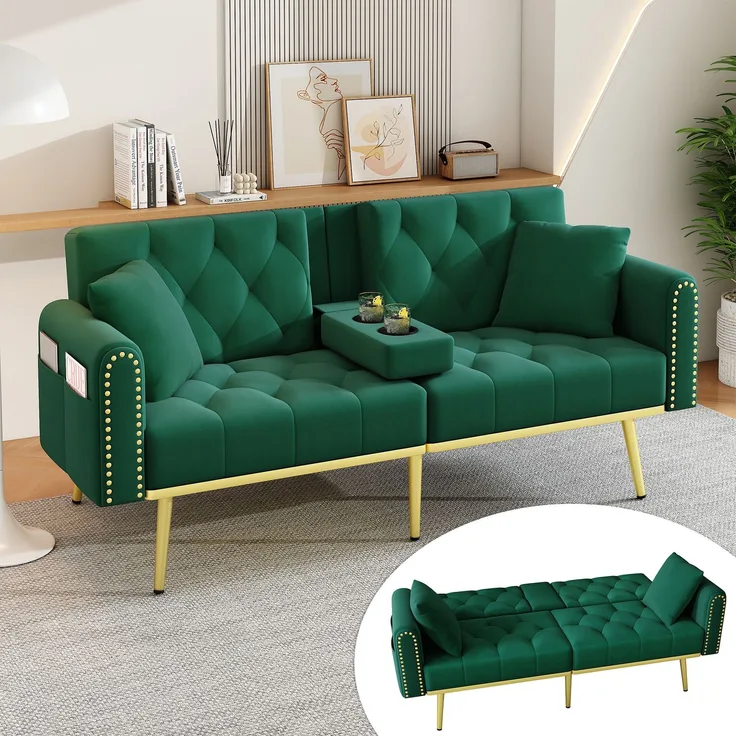 ZUBALIYA Schlafsofa 80x73.5 cm, mit LED - Beleuchtung, mit Stauraum, mit Samtbezug, mit breiten Armlehnen, Grün