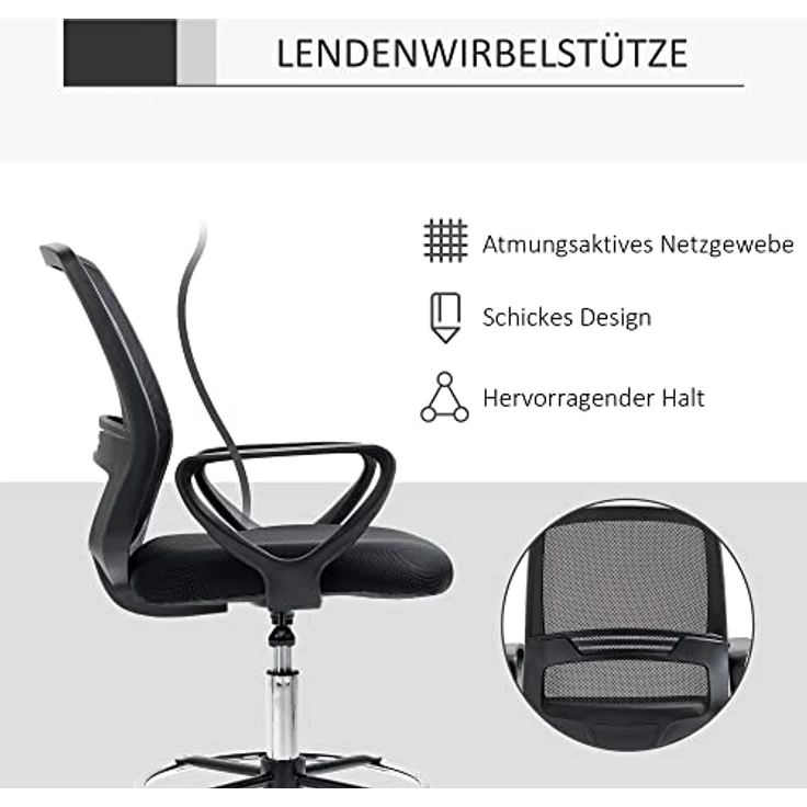 Vinsetto Drehstuhl, Schwarz, mit atmungsaktivem Netzgewebe, individuell einstellbarer Sitzhöhe und dick gepolstertem Sitz, L59,5 x T60 x H102,5–126 cm – Bild 6