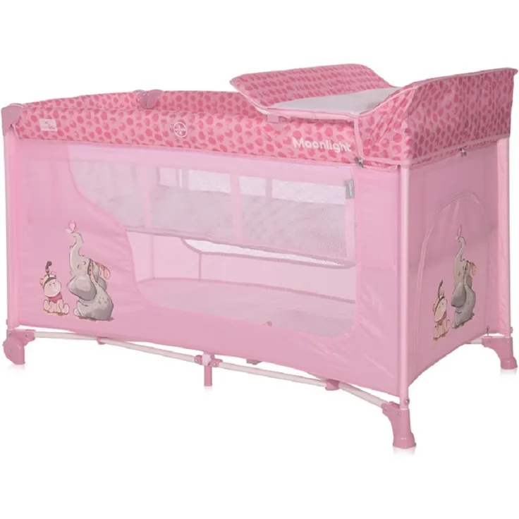 Lorelli Reisebett Moonlight zwei Ebenen, faltbar, Wickelauflage, Matratze, Räder rosa pink