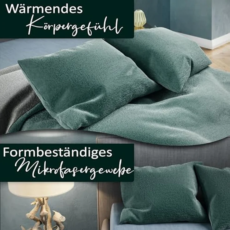 Moderne Plüschbettwäsche mit Reißverschluss - einfarbig, wendbar & warmhaltend Grün 155x220cm + 80x80cm Kissenbezug – Bild 6