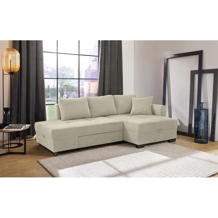 Ecksofa Schwenkfunktion Doppelbett Schlafcouch Bettkasten Cordbezug Beige Grau – Bild 2