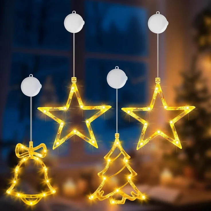 OUILA 4er Set LED Weihnachtsdeko Fenster, Stern + Weihnachtsbaum + Glocke Weihnachtsstern Fenster Batterie und Timer Saugnapf Lichterkette für Fensterbeleuchtung Weihnachten Innen Weihnachtsgeschenke – Bild 1