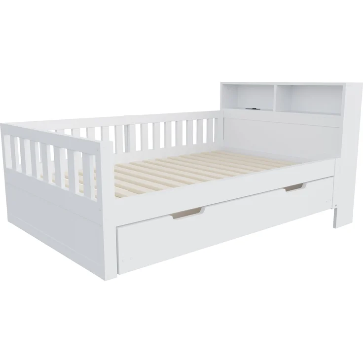 Merax Einzelbett, Multifunktionales Holzbett 90 × 200 cm, Mit Ausziehbarem Bett, Ablage und Staufach, Ausgestattet Mit Steckdose und LED-Beleuchtung, Sicherheitsgitter, Weiß – Bild 8