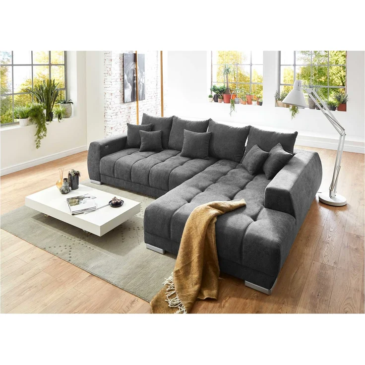 Wohnlandschaft Molly / Mustang, Flachgewebe, Holz, Anthrazit, 300 x 86 x 225 cm – Bild 2