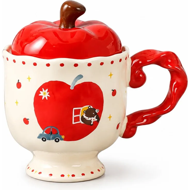 Keramiktasse in Apfelform mit Deckel Kaffeebecher Rot 14 x 10 x 14 cm