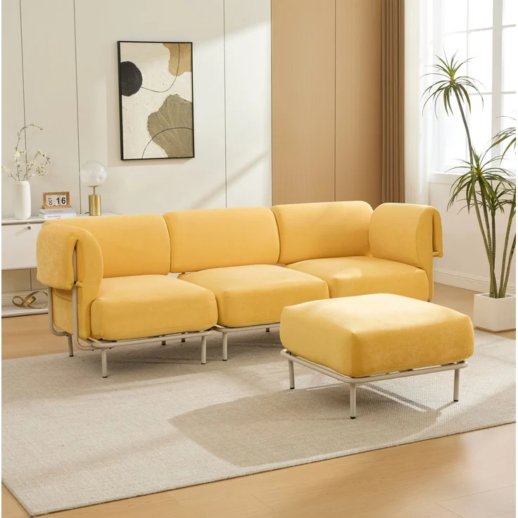 Modulares 3-Sitzer-Sofa mit Hocker, Chenille, 251x155x78 cm, Senfgelb – Bild 2