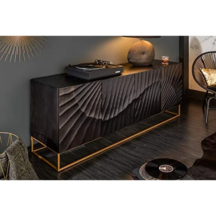 riess-ambiente Sideboard SCORPION 180cm schwarz / gold · Anrichte aus Mango-Massivholz, Metall-Gestell · Kommode mit 4 Fächern · 3D Schnitzereien · Wohnzimmer – Bild 2