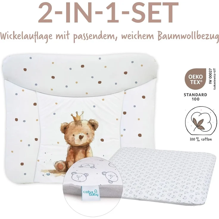 Ceba Baby® Wickelauflage 75x72 cm – Weiche Baby Wickelunterlage - Wasserdicht, abwaschbar - inkl. abnehmbarem Baumwollbezug – Für Jungen und Mädchen – OEKO-TEX® Standard 100 – Made in EU – Bild 2
