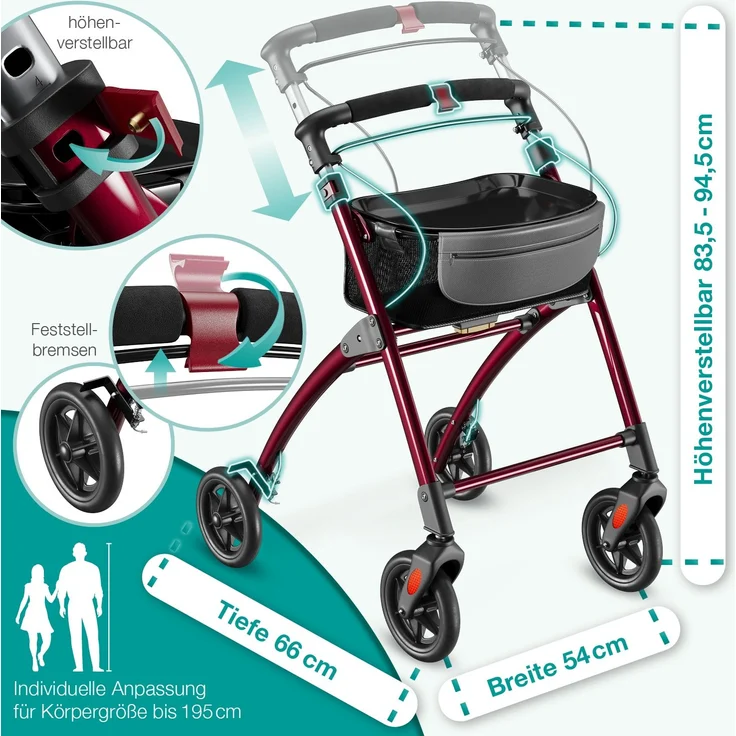 ELONEO Wohnungsrollator 54cm breit, faltbar und leicht, inkl. Tablett & Stoffkorb »Premium«, rot – Bild 3