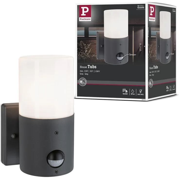 Paulmann 94648 Außenwandleuchte Tubs mit Bewegungsmelder IP44 Grau